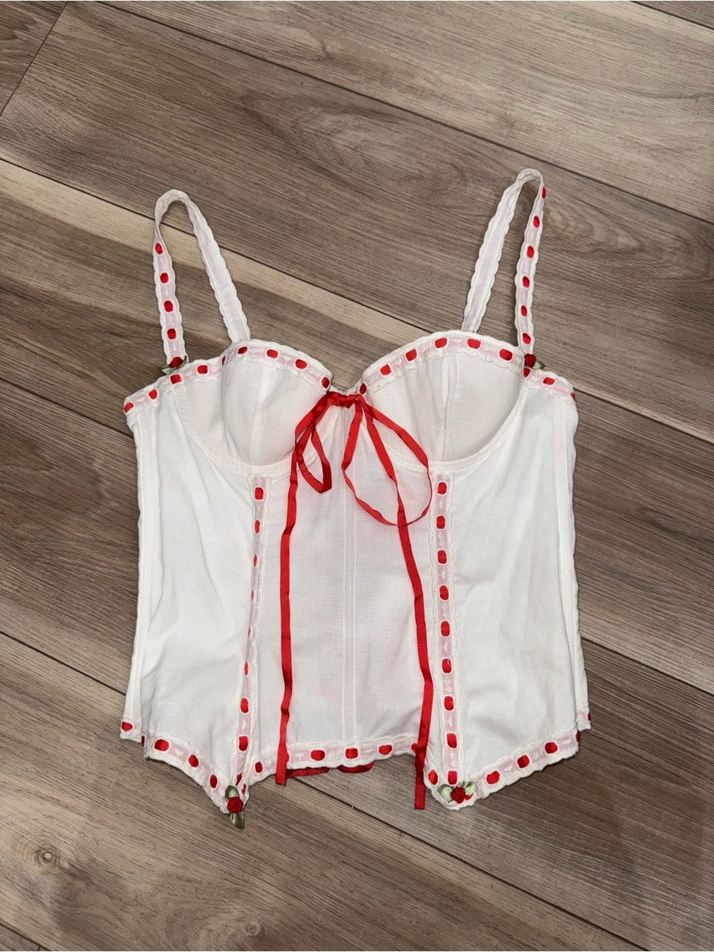 White & Red Ribbon Trim Corset With Mini Roses - Picture 2 of 7